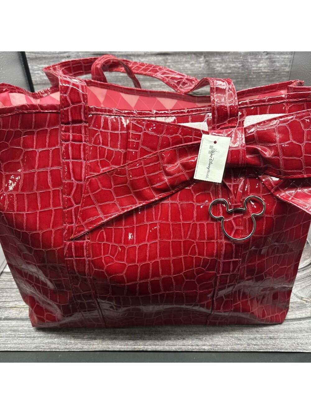 NWT Disneyland Red Faux Croc Pleather Tote Bag Purse Bow Mickey Mouse Charm